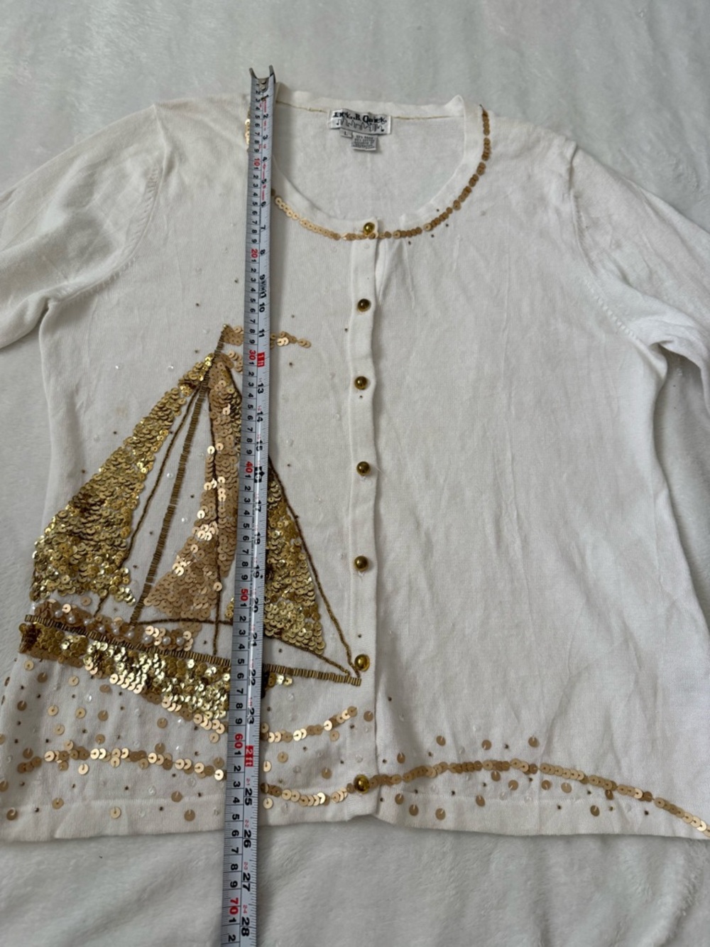 Vintage Sequin Sailboat Cardigan White Gold Button-Up Sweater Size L - Picture 4 of 8